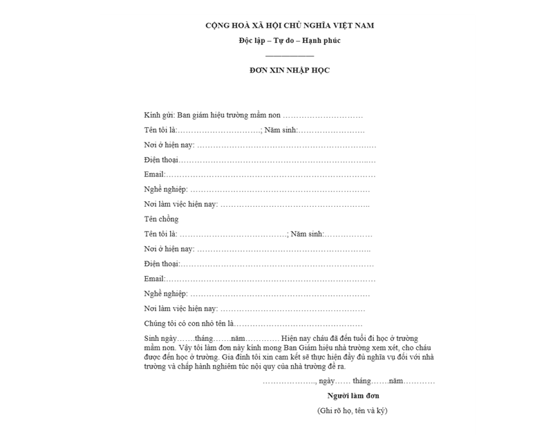 Mẫu đơn xin nhập học mầm non. (Ảnh: Monkey)