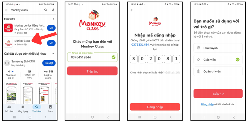 Đăng nhập vào ứng dụng Monkey Class