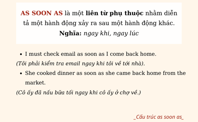 Cấu trúc As Soon As trong tiếng Anh. (Ảnh: Sưu tầm Internet)