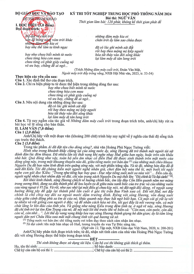 Đề thi tham khảo THPT Quốc Gia 2024 môn văn. (Ảnh: Sưu tầm Internet)