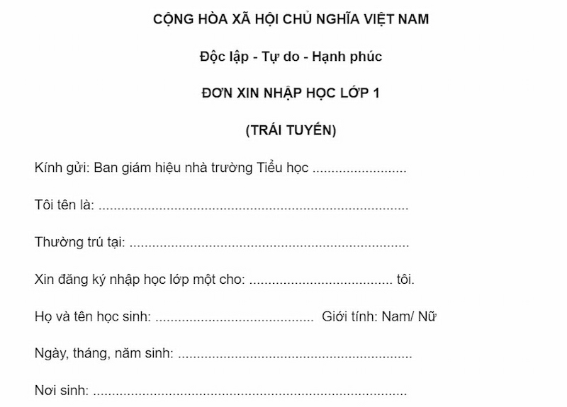 Mẫu đơn xin nhập học trái tuyến lớp 1. (Ảnh: Sưu tầm Internet)
