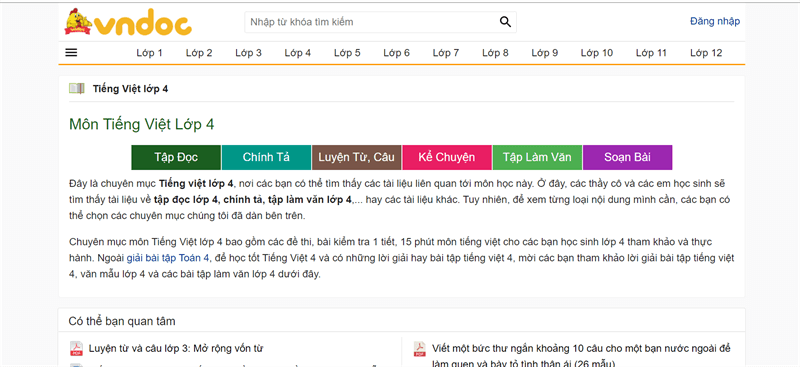 Website dạy học tiếng Việt lớp 4 trực tuyến. (Ảnh: Thegioididong.com)