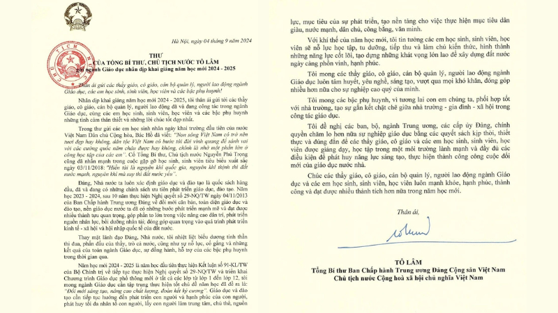 Thư chúc mừng năm học mới của Tổng Bí thư, Chủ tịch nước Tô Lâm 2024 - 2025. (Ảnh: Sưu tầm Internet)