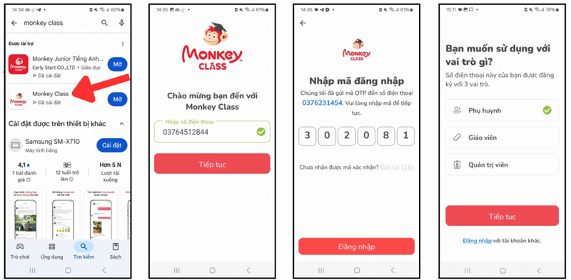 Đăng nhập vào ứng dụng Monkey Class