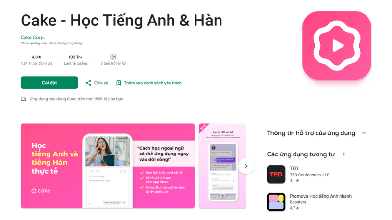 Cake - Học Tiếng Anh & Hàn. (Ảnh: Chụp màn hình ứng dụng)