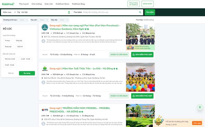 KiddiHub là công cụ giúp phụ huynh tìm kiếm và xếp hạng trường mầm non dễ dàng. (Ảnh: Kiddihub.com)