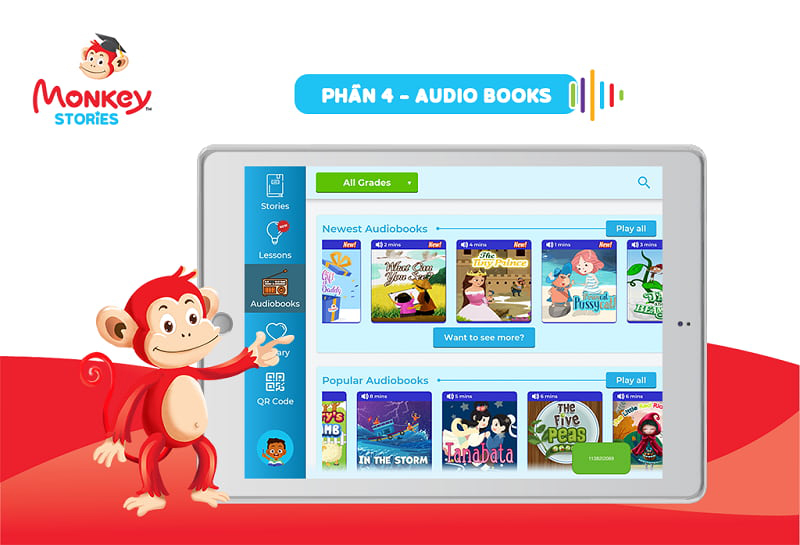 Phần mềm Monkey Stories tích hợp nhiều truyện thai giáo bằng tiếng Anh. (Ảnh: Sưu tầm Internet)