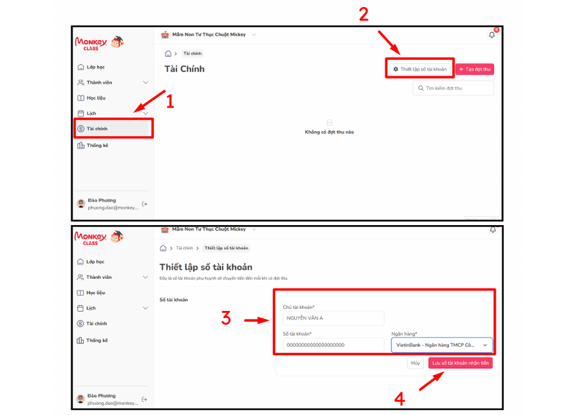 Thiết lập số tài khoản nhận học phí