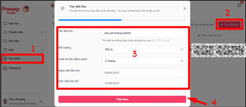 Tạo đợt thu học phí