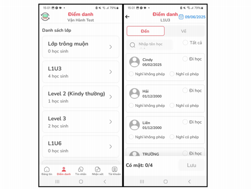 Tính năng điểm danh đến và về trong Monkey Class