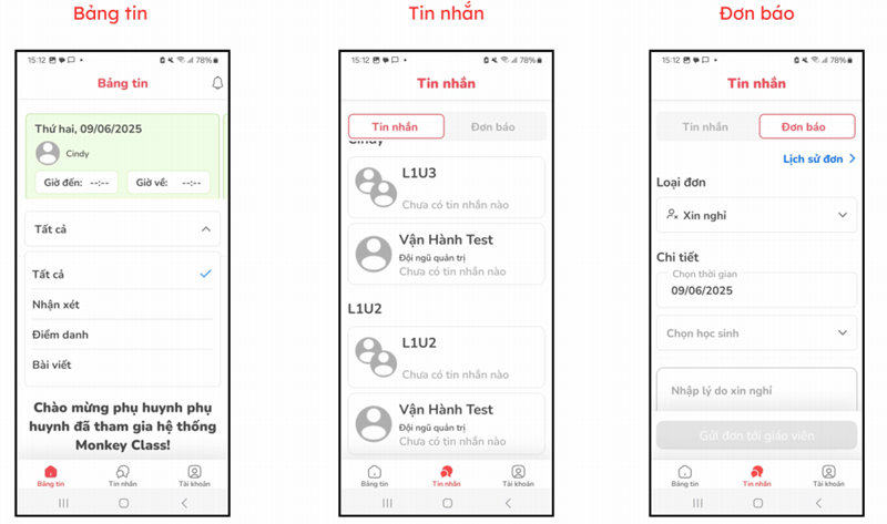 Các tính năng trong ứng dụng Monkey Class dành cho phụ huynh