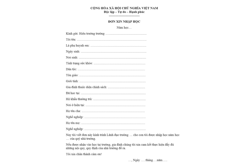 Mẫu đơn xin nhập học tiểu học. (Ảnh: Monkey)