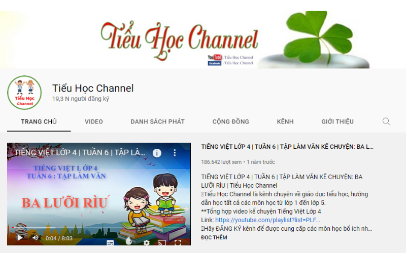 Kênh youtube dạy tiếng Việt lớp 4. (Ảnh: Tiểu học Channel)
