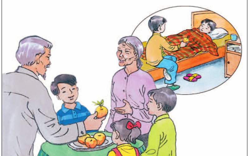 Người ông chia những quả đào cho bà và các cháu. (Ảnh: Sưu tầm Internet)