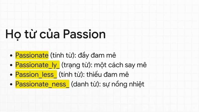 Các dạng từ khác của Passion trong tiếng Anh. (Ảnh: Sưu tầm Internet)
