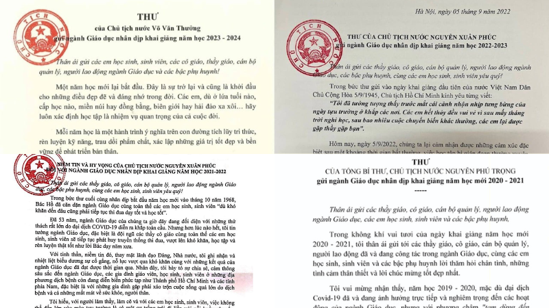 Thư chúc mừng năm học mới của Chủ tịch nước qua các năm. (Ảnh: Sưu tầm Internet)