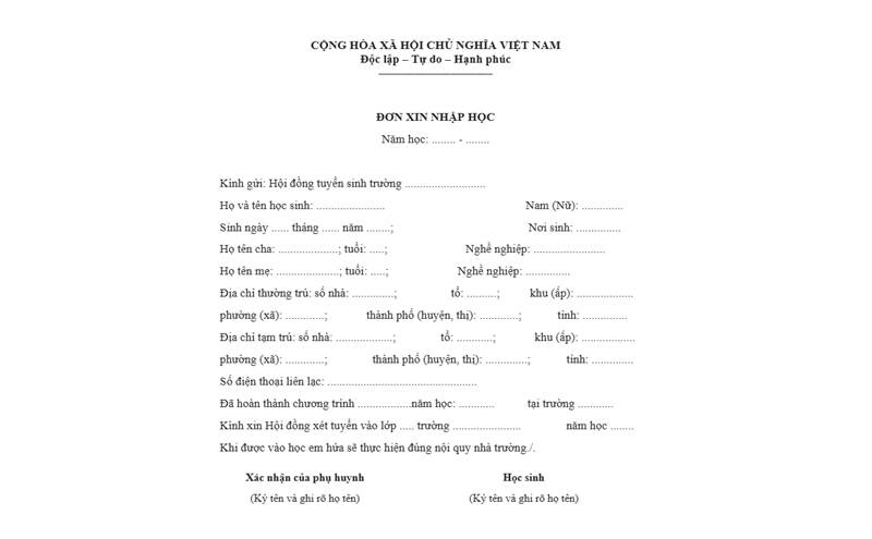 Mẫu đơn xin nhập học THCS, THPT. (Ảnh: Monkey)