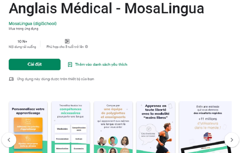 Ứng dụng học tiếng Anh y khoa: Anglais Médical - MosaLingua. (Ảnh: Sưu tầm Internet)