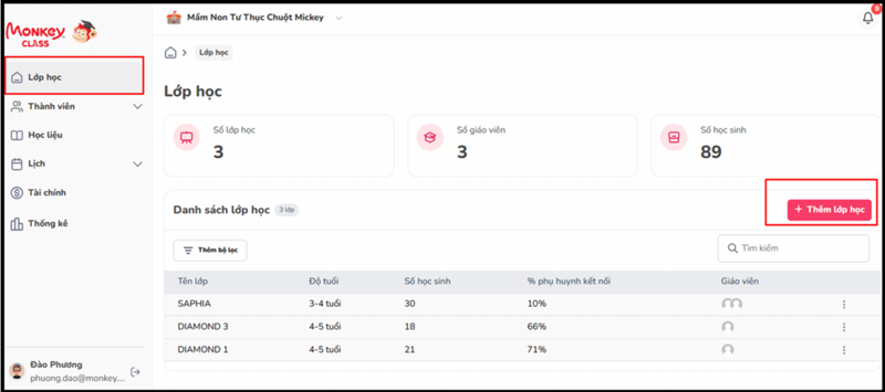 Vào phần “Lớp học” -> Chọn "Thêm lớp học”