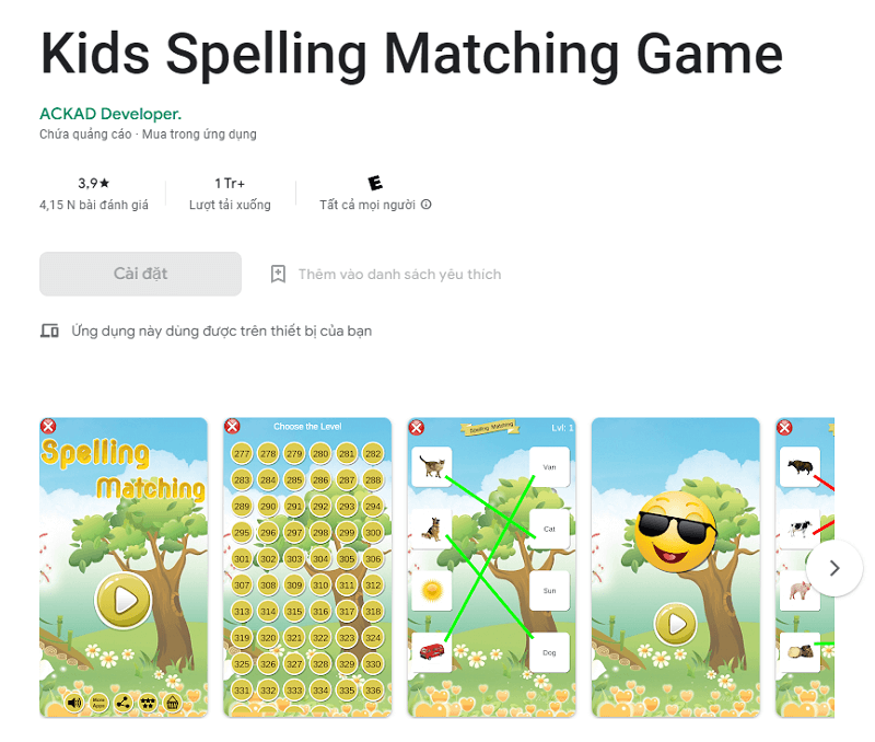 Kids Spelling Matching Game: Game học tiếng Anh cho bé 7 tuổi. (Ảnh: Chụp màn hình ứng dụng)