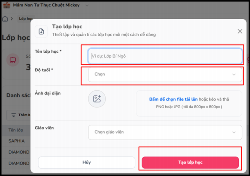 Điền thông tin lớp học -> Nhấn “Tạo lớp học”