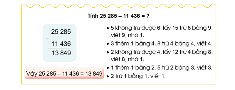 Ví dụ về phép trừ có nhớ. (Ảnh: Hoc10.vn)