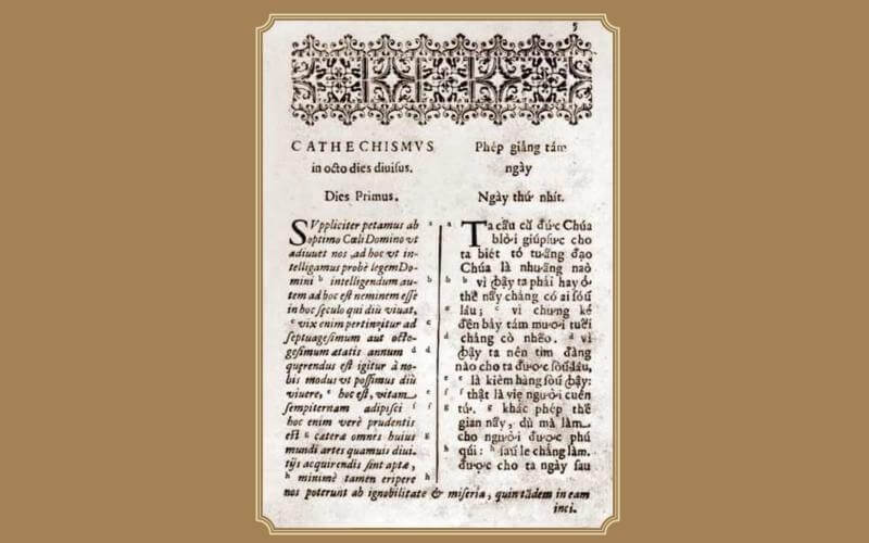 Một trang sách Phép giảng tám ngày viết bằng hai thứ tiếng Việt - La Mã của giáo sĩ Đắc Lộ. (Ảnh: tuoitre.online)