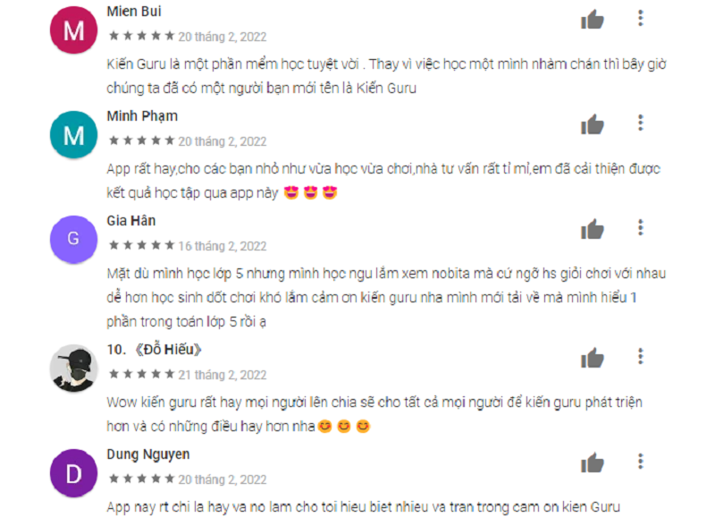 Một số đánh giá tốt về ứng dụng Kiến Guru. (Ảnh: Chụp màn hình CH Play)