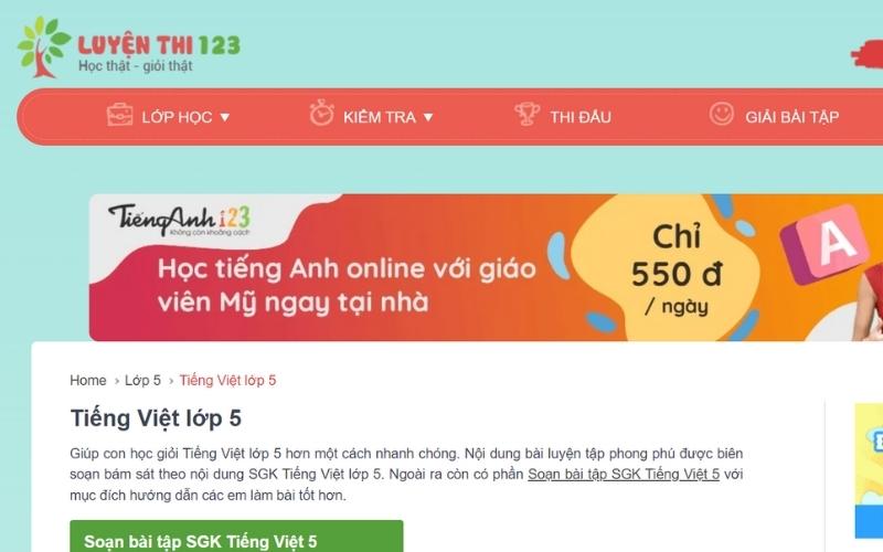 Học tiếng Việt lớp 5 online trên luyenthi123.com. (Ảnh: Luyenthi123)