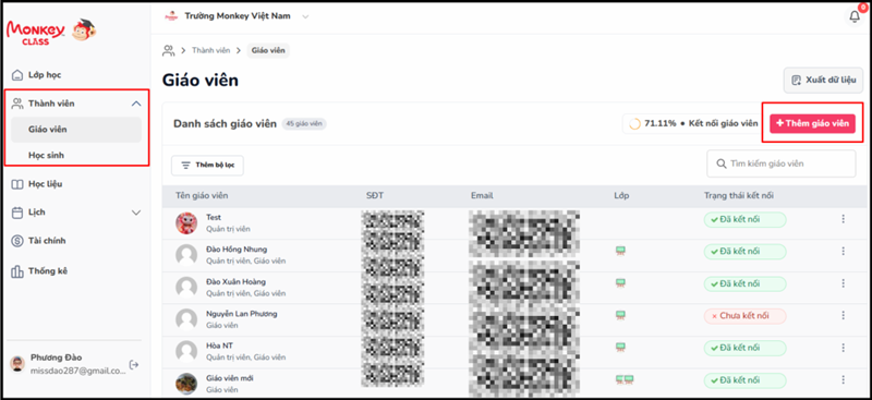 Chọn “Thêm giáo viên” để xuất hiện bảng chọn cách thêm giáo viên