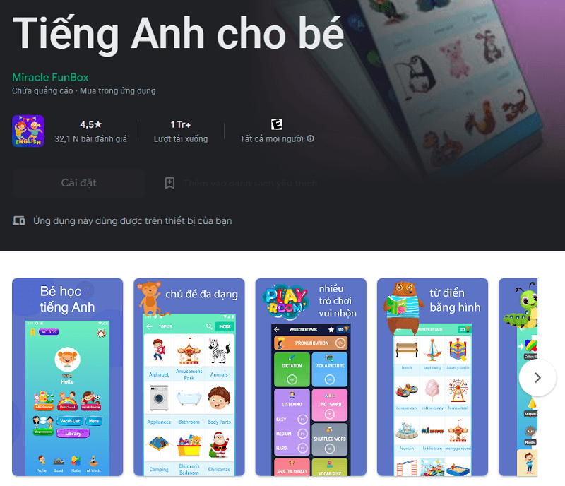 Tiếng Anh cho bé: Game tiếng Anh cho bé 8 tuổi. (Ảnh: Chụp màn hình ứng dụng)