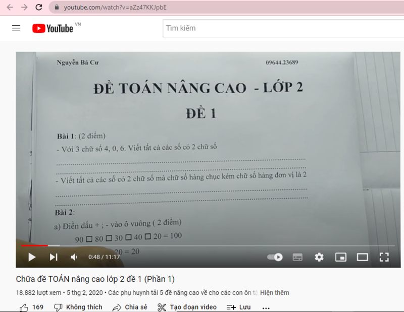 Chửa đề toán nâng cao lớp 2. (Ảnh: Youtube.com)