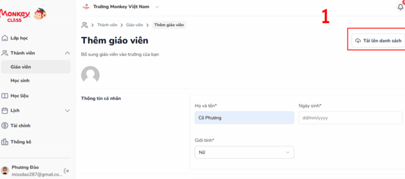 Cách 2: Upload danh sách giáo viên lên