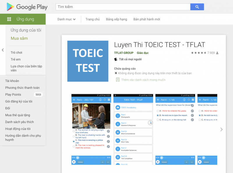 App TFLAT học từ vựng tiếng Anh Toeic. (Ảnh: Sưu tầm Internet)