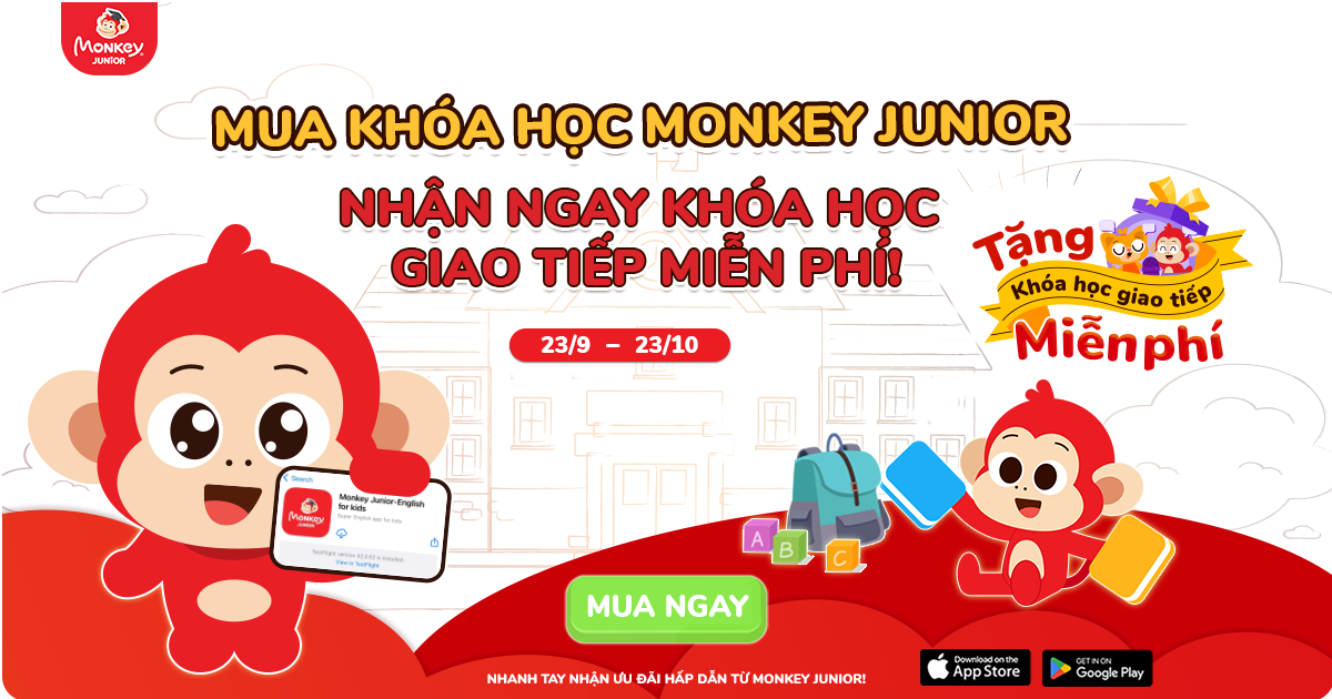 Mua khoá học bất kỳ trên Monkey Junior, nhận ngay khoá học giao tiếp hoàn toàn miễn phí. (Ảnh: Monkey)