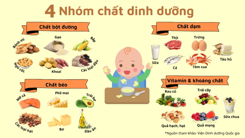 4 nhóm chất dinh dưỡng cần có trong chế độ ăn dặm BLW trẻ 1 tuổi. (Ảnh: Sưu tầm Internet)