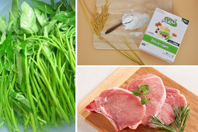 Nguyên liệu làm món bột ăn dặm nấu nước thịt heo rau muống. (Ảnh: mabu.vn)