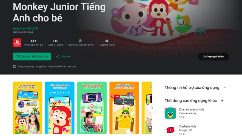 Monkey Junior là ứng dụng học tiếng Anh có lộ trình rõ ràng dành cho trẻ em từ 0-11 tuổi. (Ảnh: Màn hình ứng dụng Monkey Junior từ CH Play)