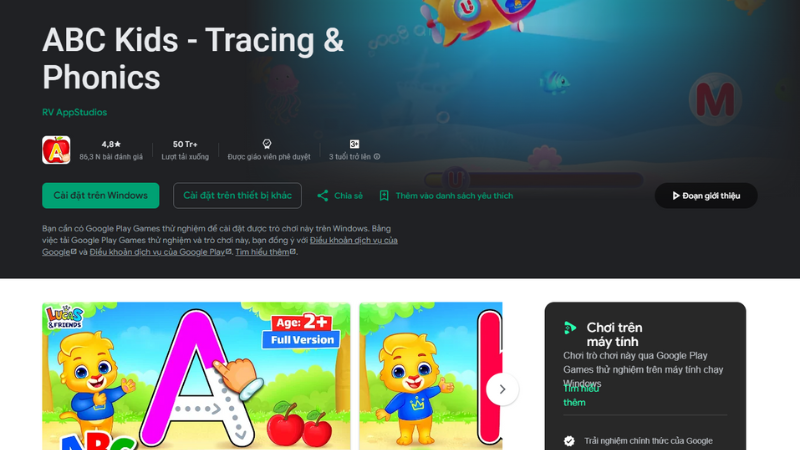 ABC Kids là một ứng dụng học chữ cái tiếng Anh dành cho trẻ mẫu giáo. (Ảnh: Màn hình ứng dụng ABC Kids từ CH Play)