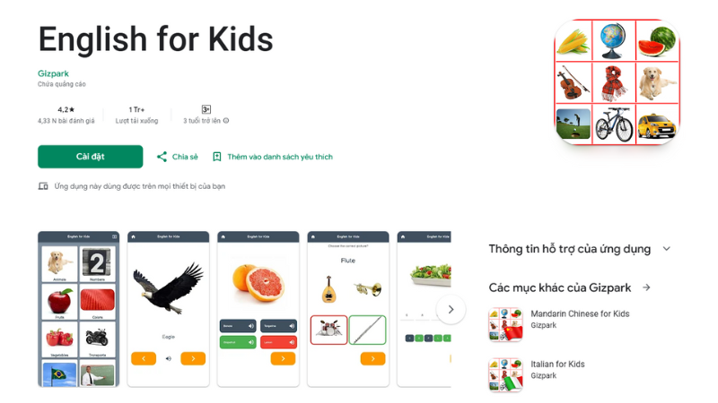 English for Kids là ứng dụng học tiếng Anh được thiết kế đặc biệt cho trẻ em. (Ảnh: Màn hình ứng dụng English for Kids từ CH Play)