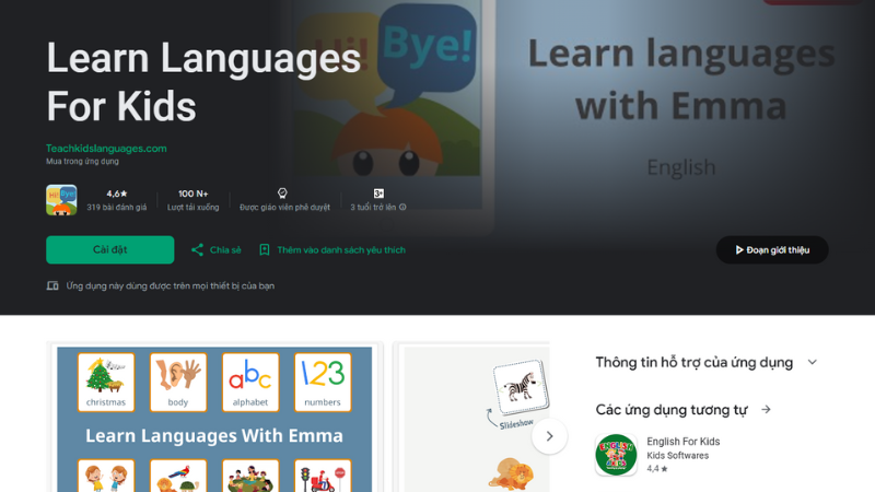 Teach Kids Languages cung cấp các bài học theo chủ đề giúp trẻ mở rộng vốn từ vựng. (Ảnh: Màn hình ứng dụng Teach Kids Languages từ CH Play)