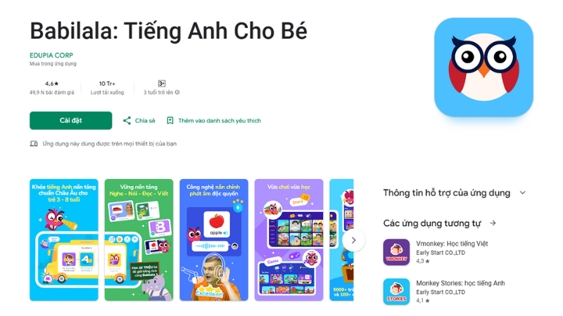 Babilala là ứng dụng học tiếng Anh dành cho trẻ em từ 3-8 tuổi. (Ảnh: Màn hình ứng dụng Babilala từ CH Play)