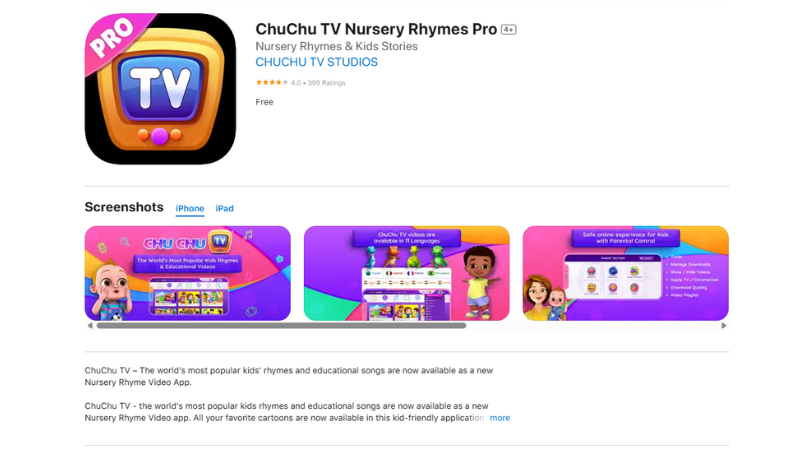 ChuChu TV Lite là ứng dụng video ca nhạc và hoạt hình giáo dục dành cho trẻ em. (Ảnh: Màn hình ứng dụng Chuchu TV Lite từ App Store)