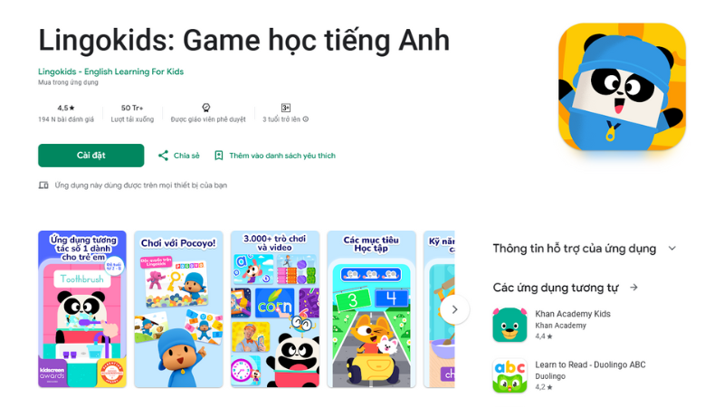 Lingokids là app học tiếng Anh cho bé từ 2-8 tuổi. (Ảnh: Màn hình ứng dụng Lingokids từ CH Play)