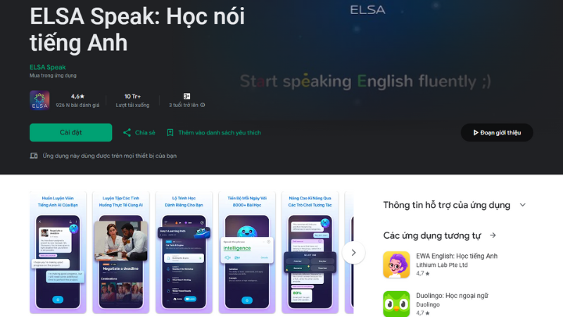 ELSA Speak là ứng dụng học tiếng Anh nổi bật với công nghệ AI độc quyền. (Ảnh: Màn hình ứng dụng ELSA Speak từ CH Play)