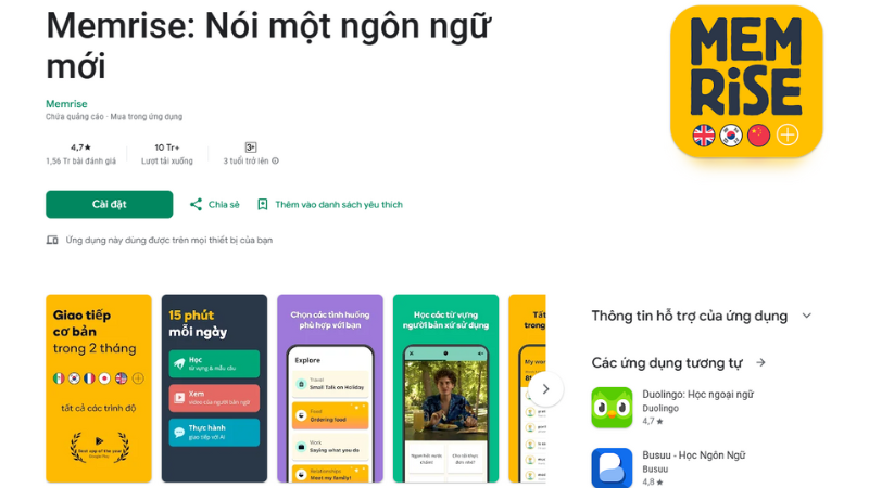 Memrise sử dụng phương pháp học từ vựng thông qua ghi nhớ hình ảnh và trò chơi. (Ảnh: Màn hình ứng dụng Memrise từ CH Play)