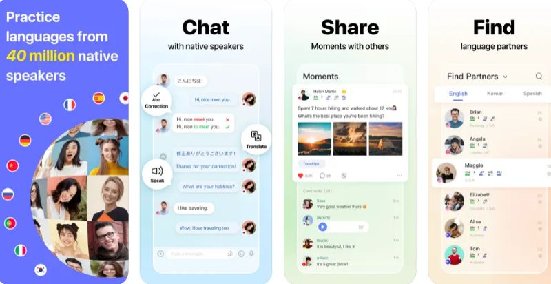 Hello Talk tạo môi trường học tiếng Anh tương tác giữa những người học. (Ảnh: Chụp màn hình)