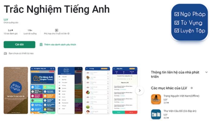 Ứng dụng trắc nghiệm tiếng Anh (LLV) . (Ảnh: Sưu tầm internet)