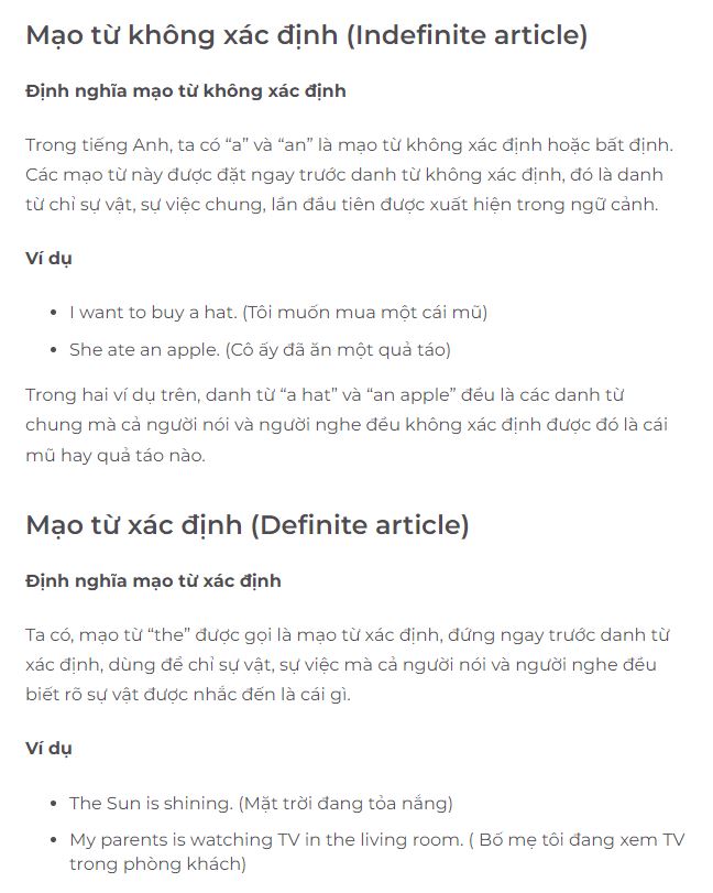 Các loại mạo từ trong tiếng Anh. (Ảnh: Monkey)