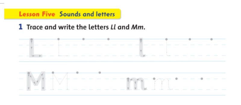 Trace and write the letters Ll and Mm - Lesson 5. (Ảnh: Chụp màn hình SGK)